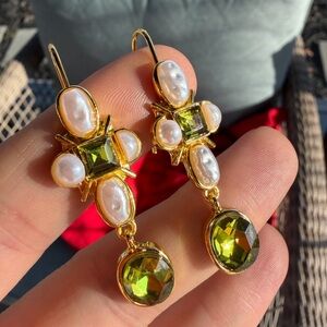 Vintage Gold Drop Earrings with Green Peridot & Pearl Accents
